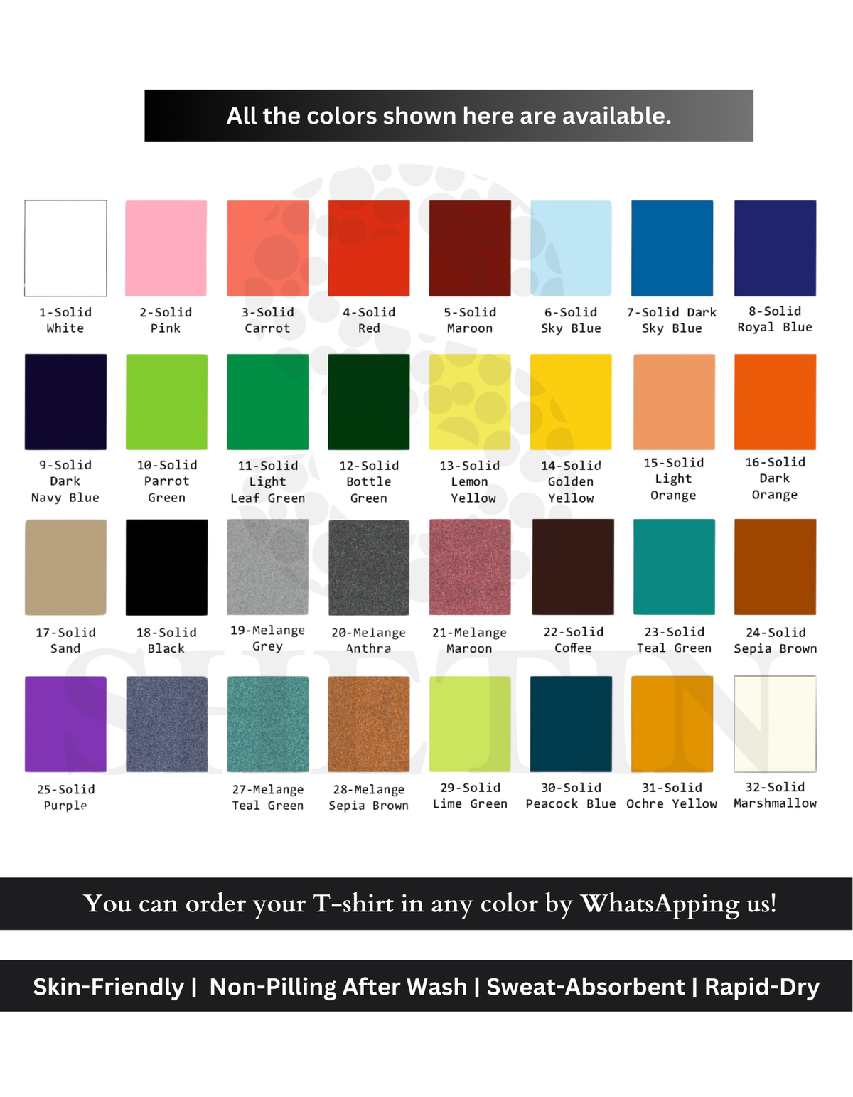 Customise T-Shirt Shetin Color Chart – Explore Available Shades for Custom Printed Tees